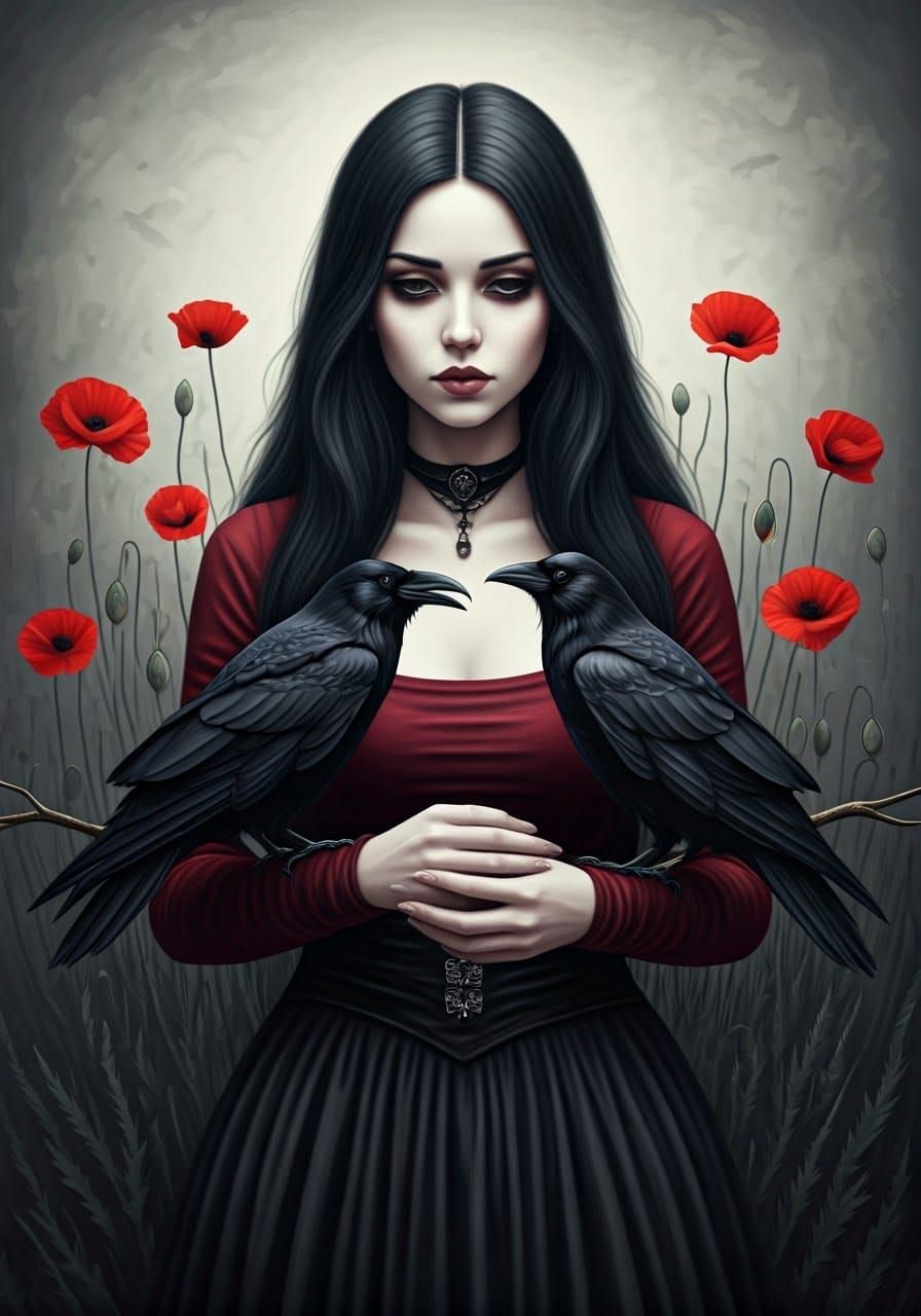 Melancholic Gothic Woman with Crows and Poppies