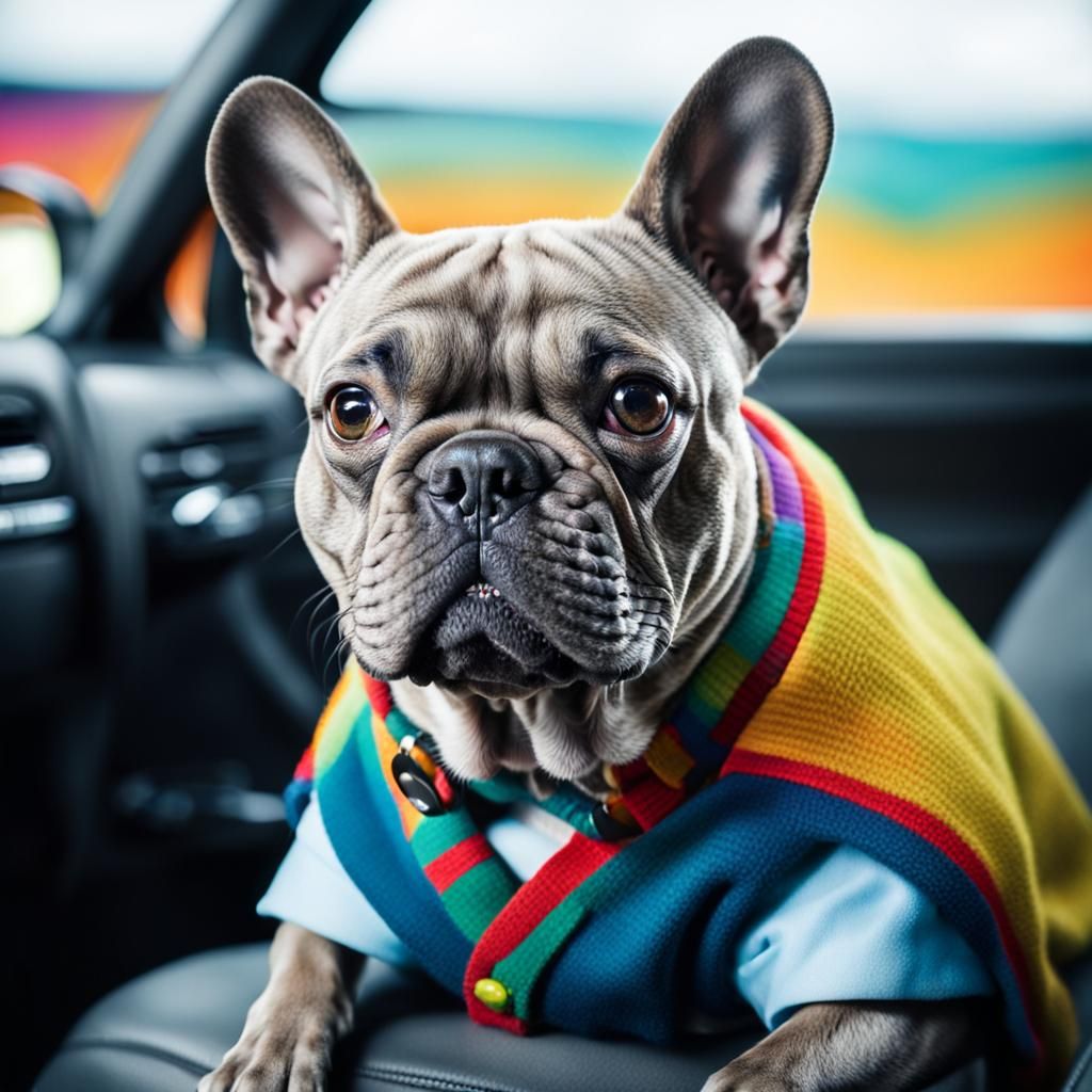 Playful Bulldog Portrait in Car, Vibrant Lighting