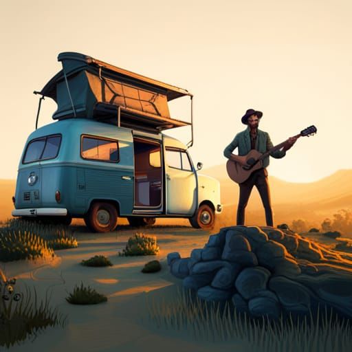 Musician Plays Guitar with Skeleton on Camping Car