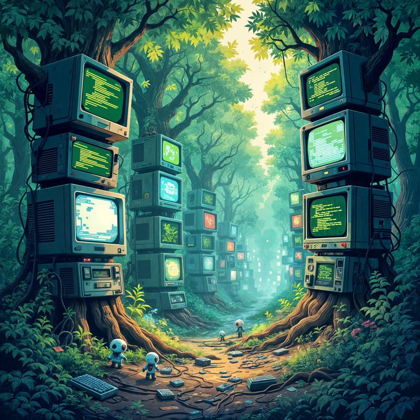 Retro-Futuristic Forest of Vintage Computer Monitors