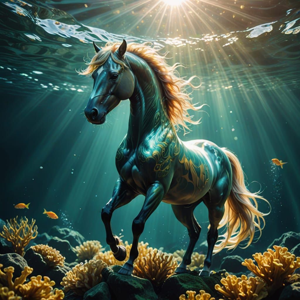 Horse-Fish Hybrid in Divine Underwater Painting