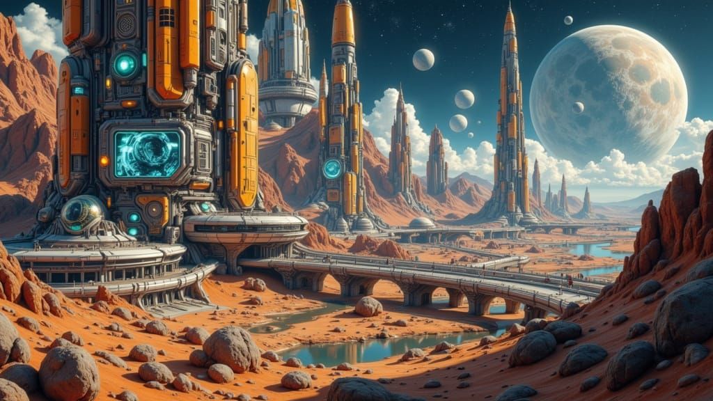 Futuristic Martian City with Glass Structures and Alien Ads