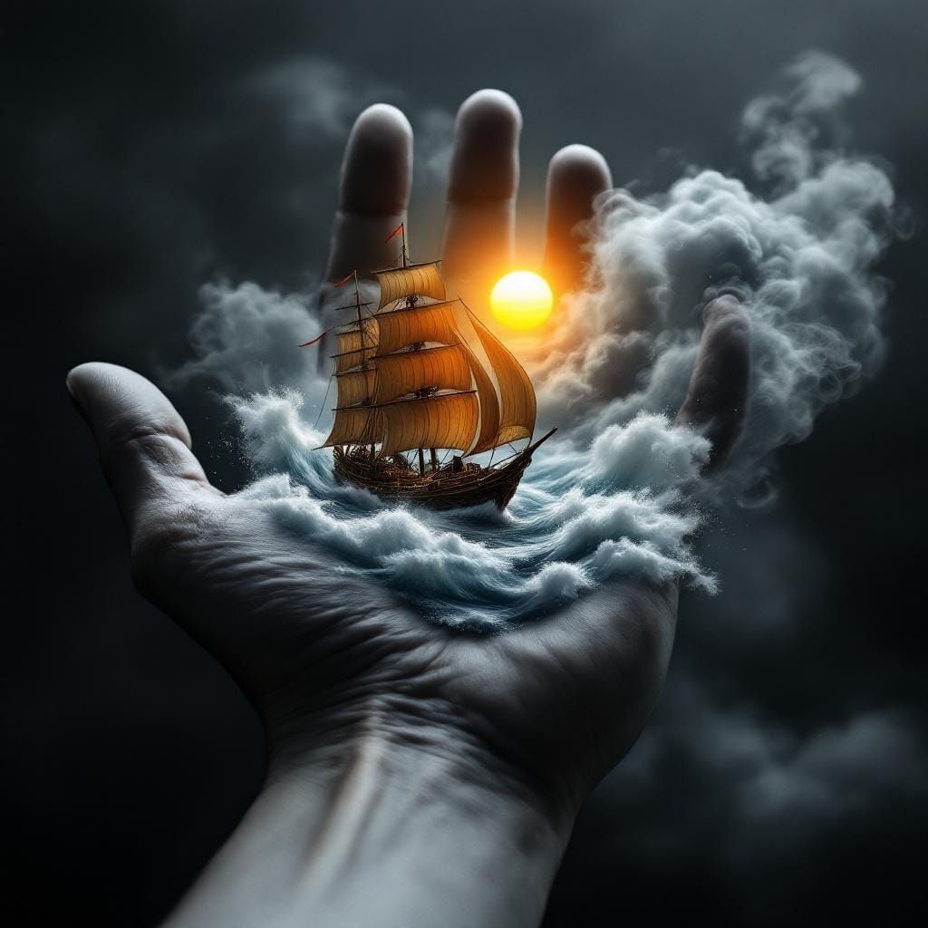 Dramatic Gray Hand Holding Chinese Junk Ship