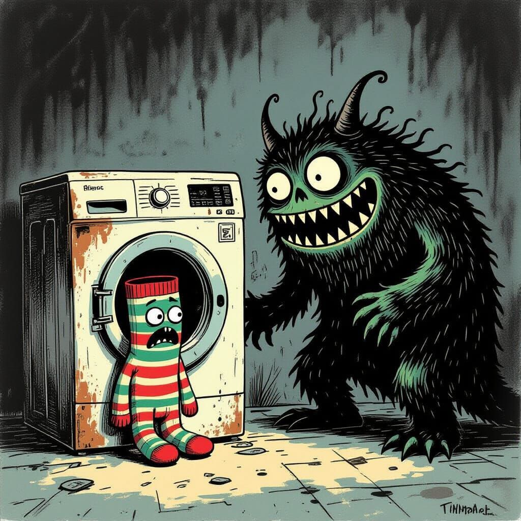 Fearful Sock Confronts Washing Machine Monster in Dark Whims...
