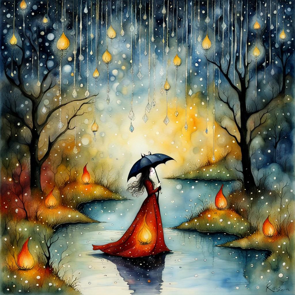 Expressionist Rococo Painting of Silver Rain at Night