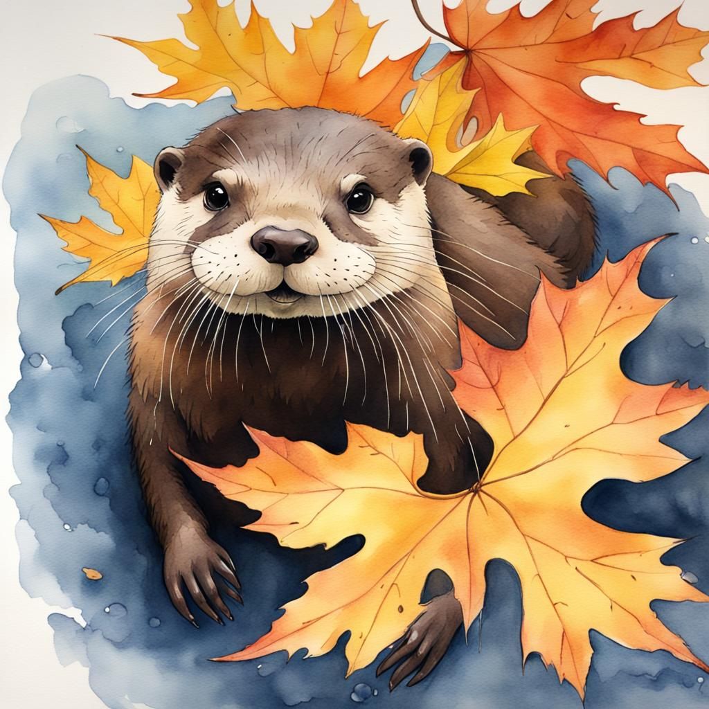 Happy Otter in Autumnal Watercolor Landscape