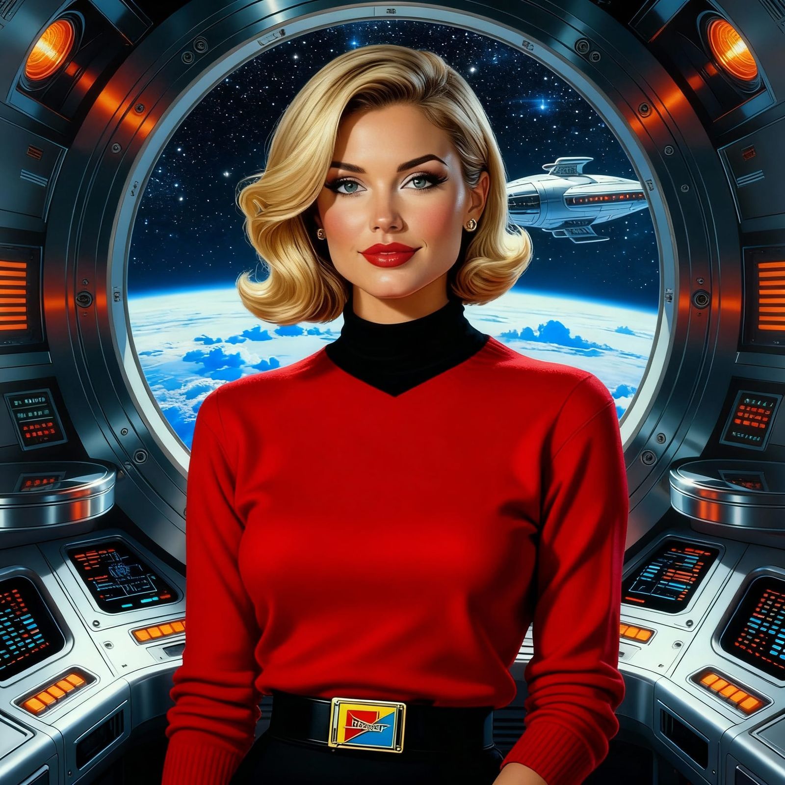 Woman Exploring Interior of a Futuristic Spaceship