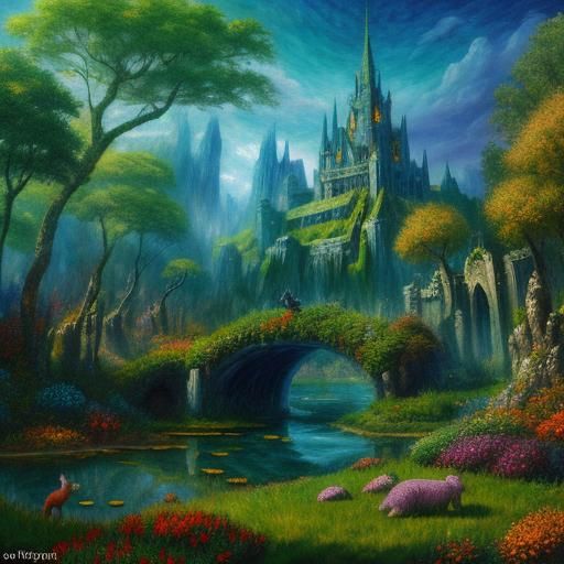 Impressionistic Fantasy Scene with Mythical Creatures