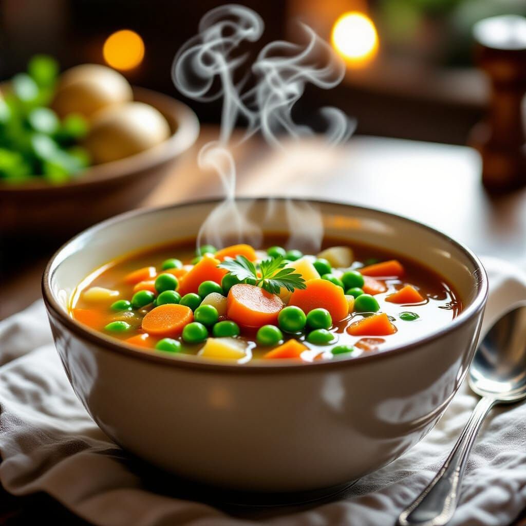 Hearty Vegetable Soup in Cozy Ambient Light