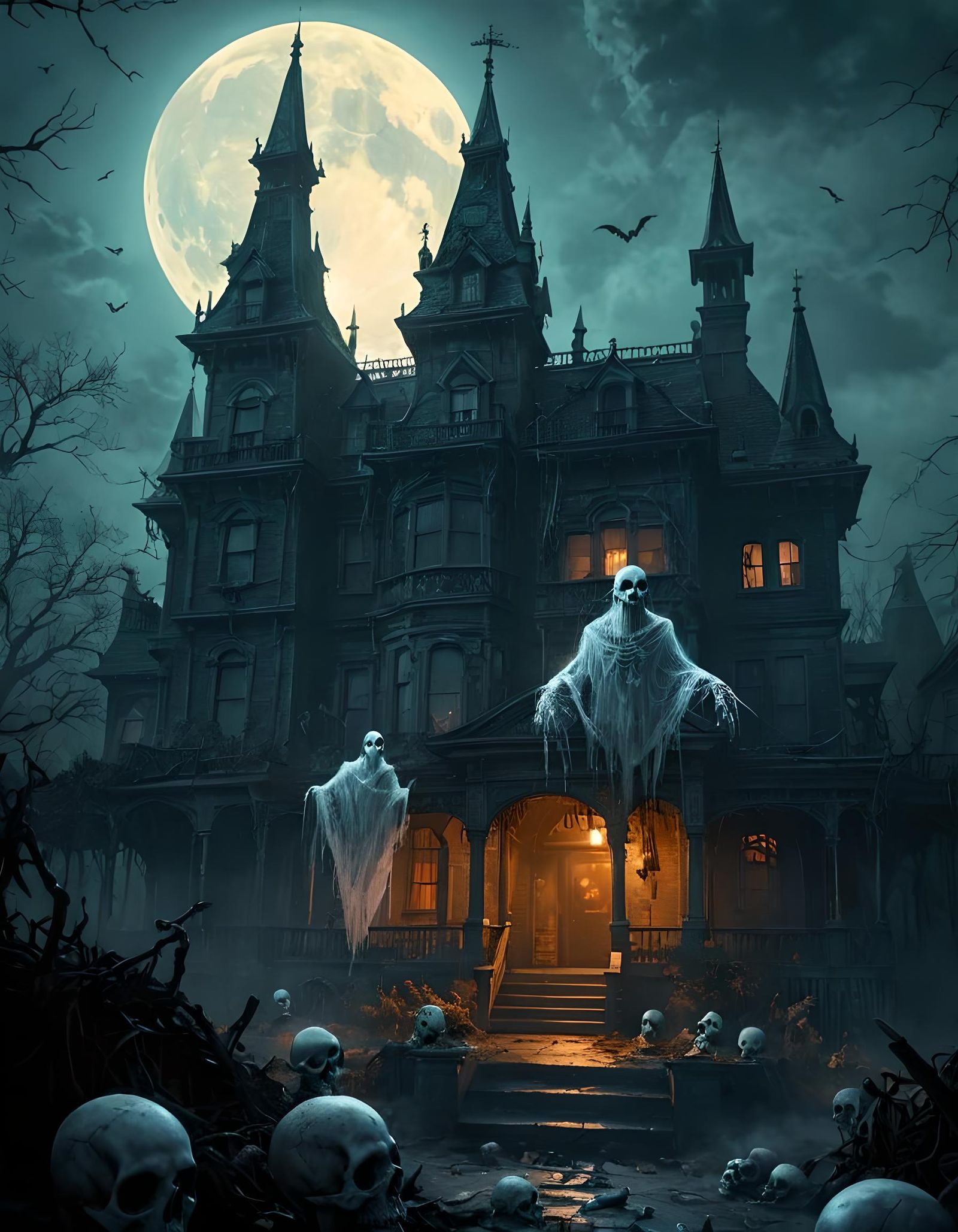 Eerie Victorian Haunted House with Ghosts and Moon