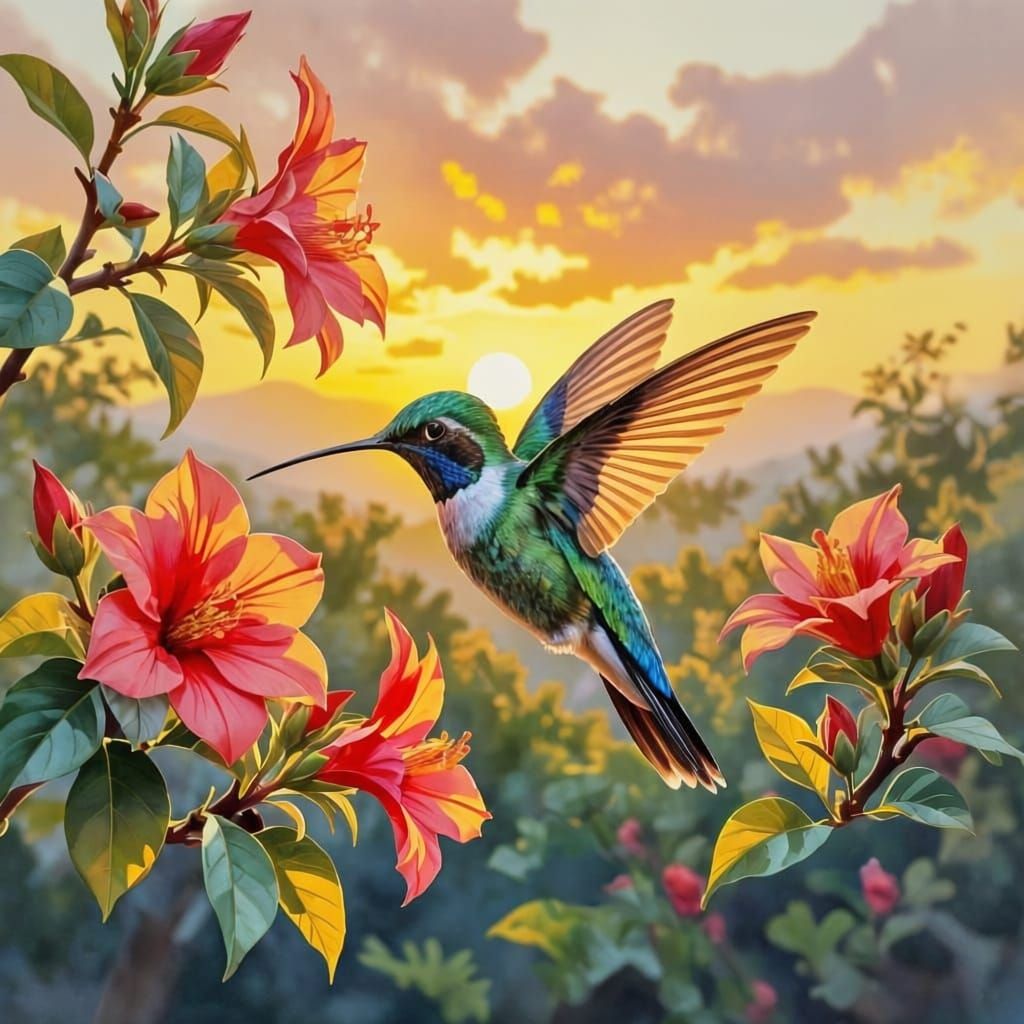 Emerald Hummingbird Eating Among Vibrant Flowers