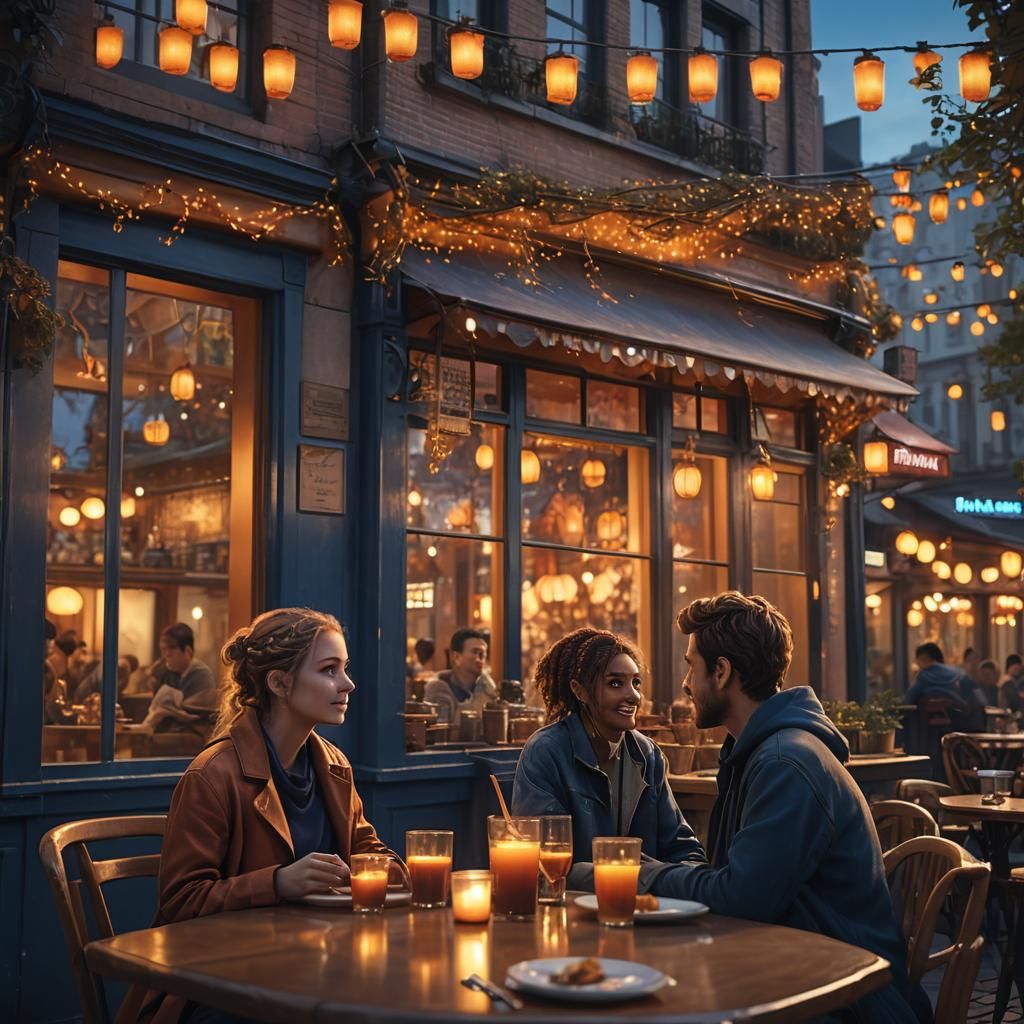 Golden Sunset: Friends at a Restaurant Window