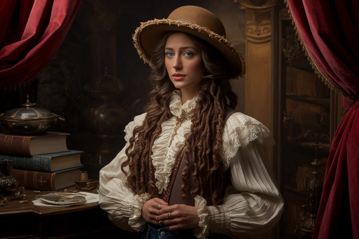 Regal Woman in Lace Blouse with Sun-Streaked Hair