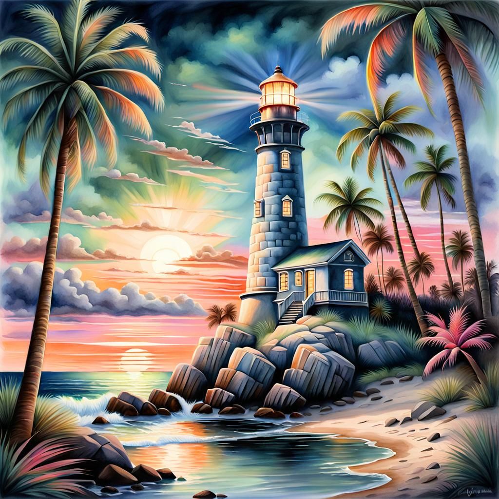 Twilight Lighthouse: Stylized Watercolor Illustration