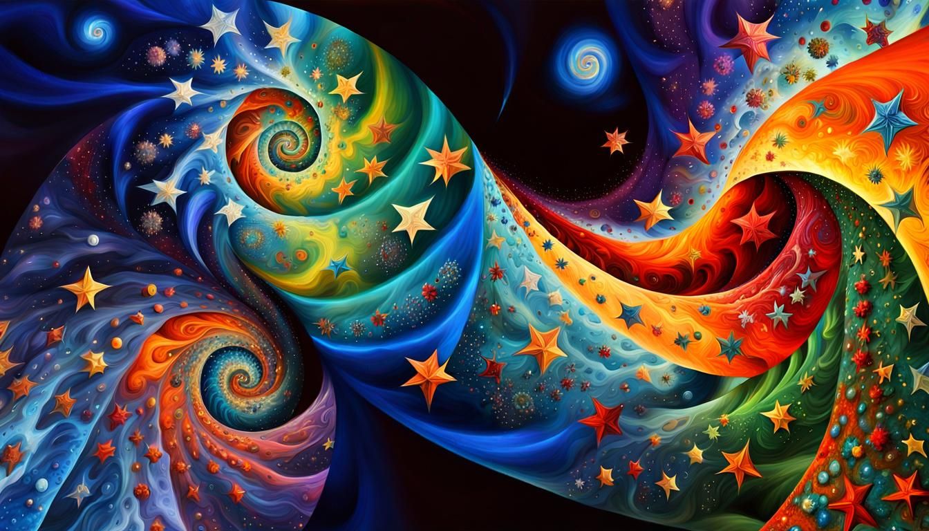 Bold Stars in Magnetic Fractal Spiral, Impasto Oil