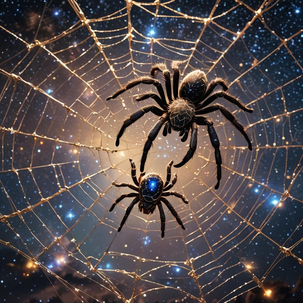 Tarantula in Sparkling Web Against Starry Sky