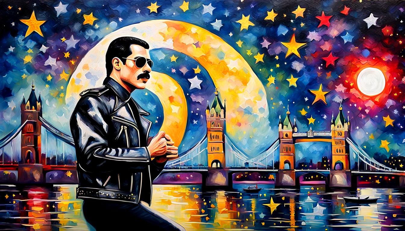 Freddie Mercury Pop Art Watercolor with Tower Bridge