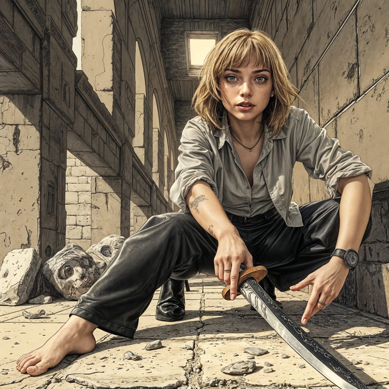 Sepia Comic: Exhausted Woman in Crumbling Temple