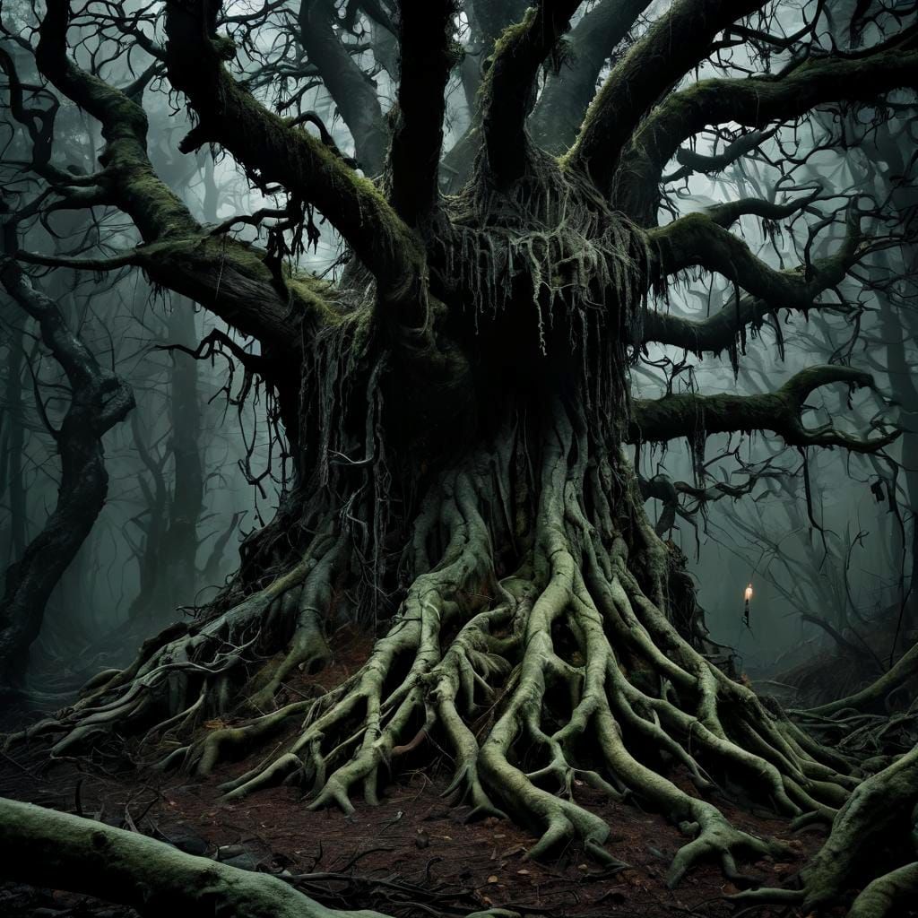 Eerie Dark Fantasy Forest With Hemp Trees and Victorian Boy