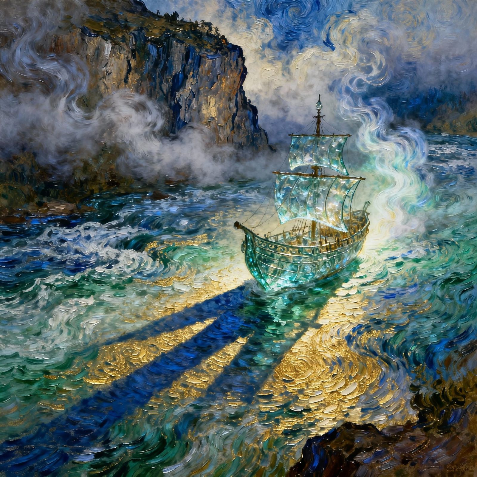 Glass Ship in Misty River, Impasto Style Painting