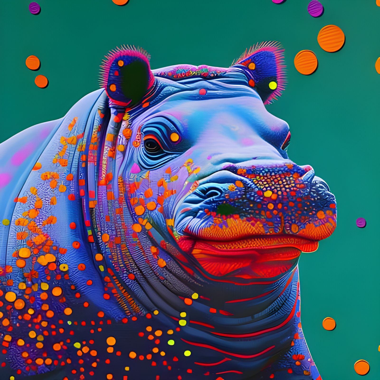 Colorful Pointillist Hippo in Klimt Style