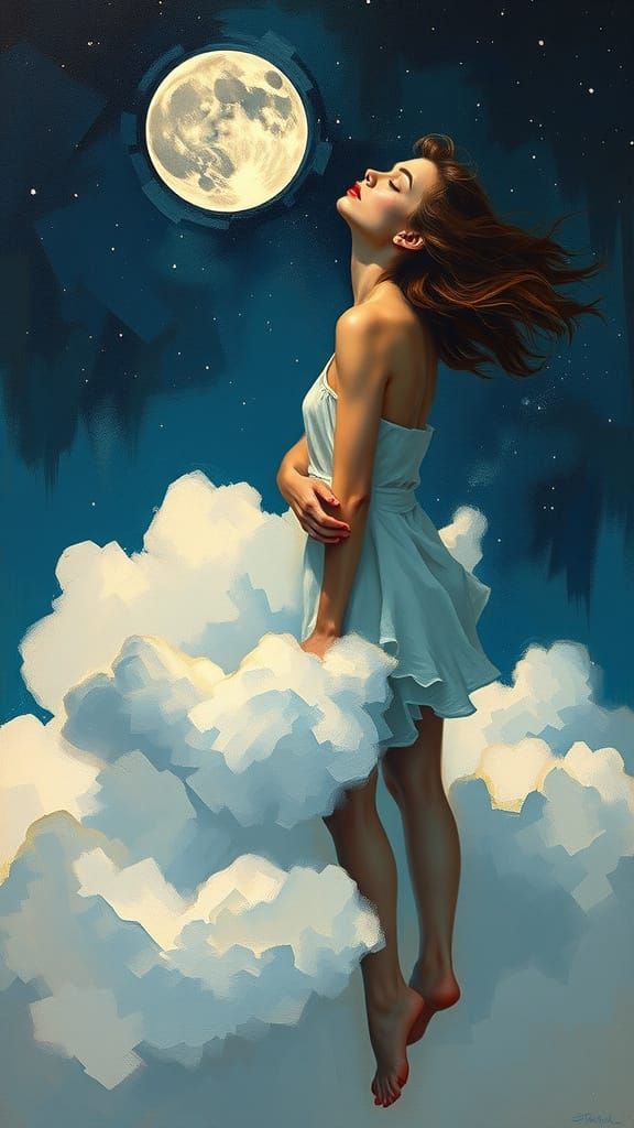 Ethereal Woman in Starry Night Sky, in Dreamy Acrylic Style