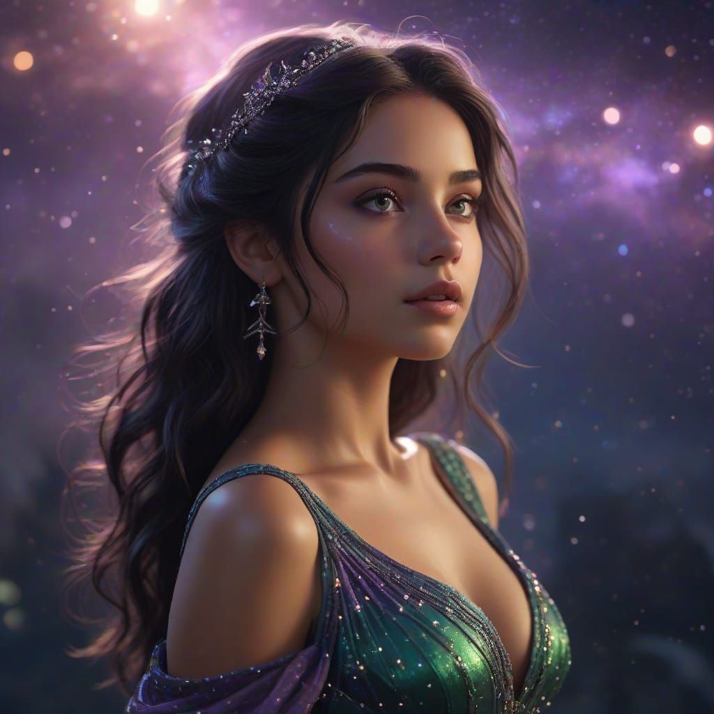 Cosmic Gypsy Girl Dances Under Starry Night Sky