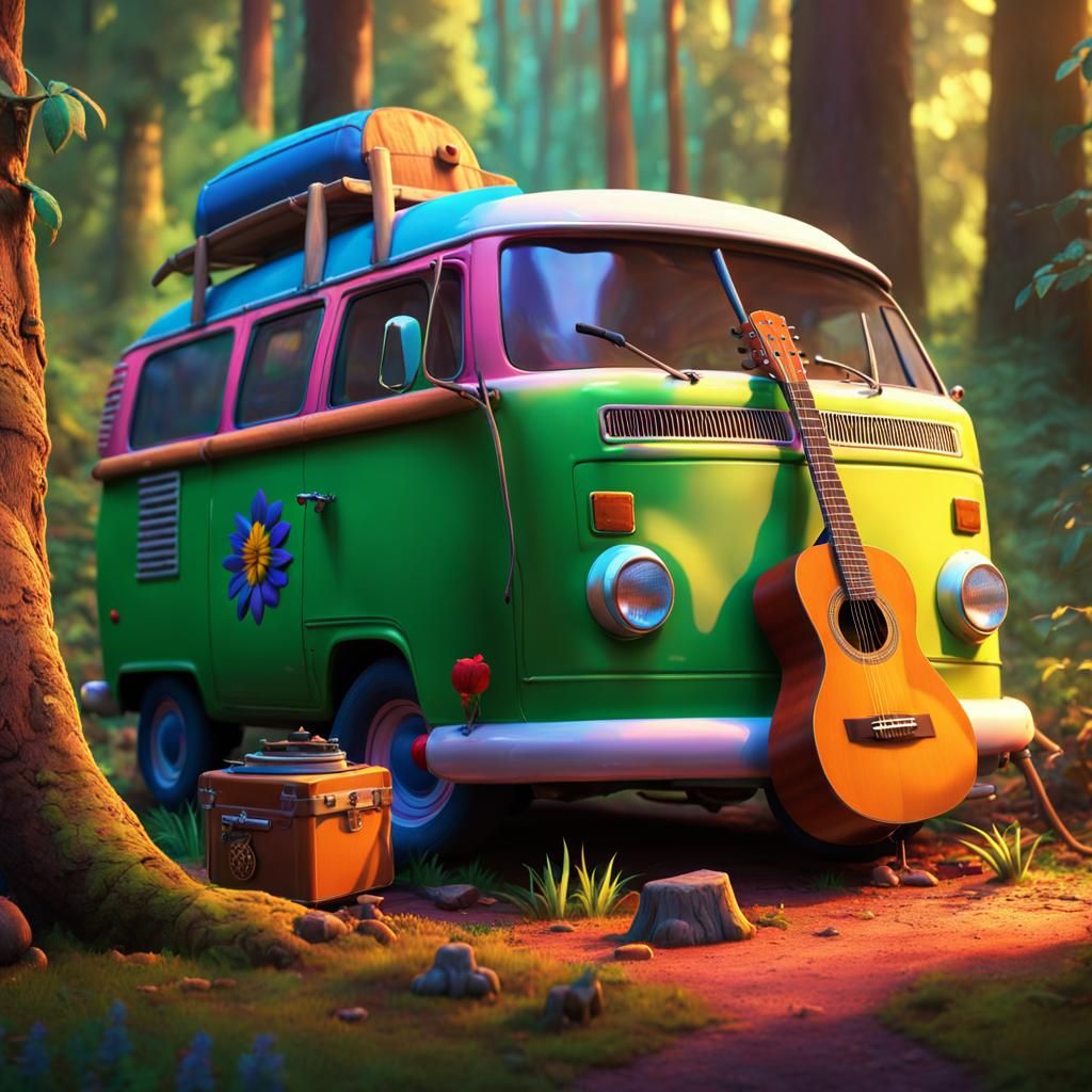 Happy Hippie Serenade: Pixar-Style Van Life in Woods