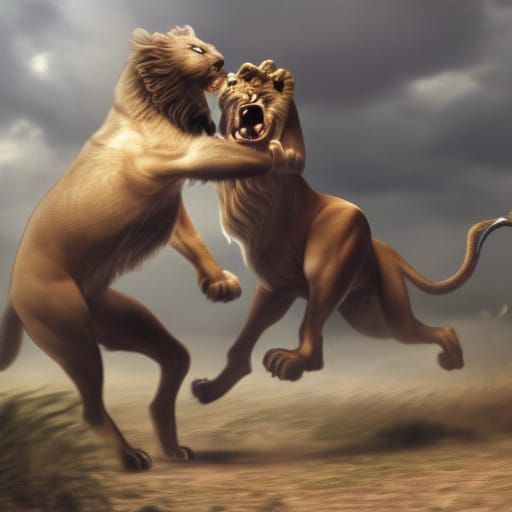 Epic Lion Fight: Dramatic Digital Matte Painting