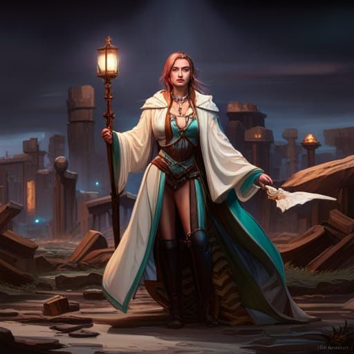 Dark Fantasy Bard with Teal Eyes in Art Nouveau Style