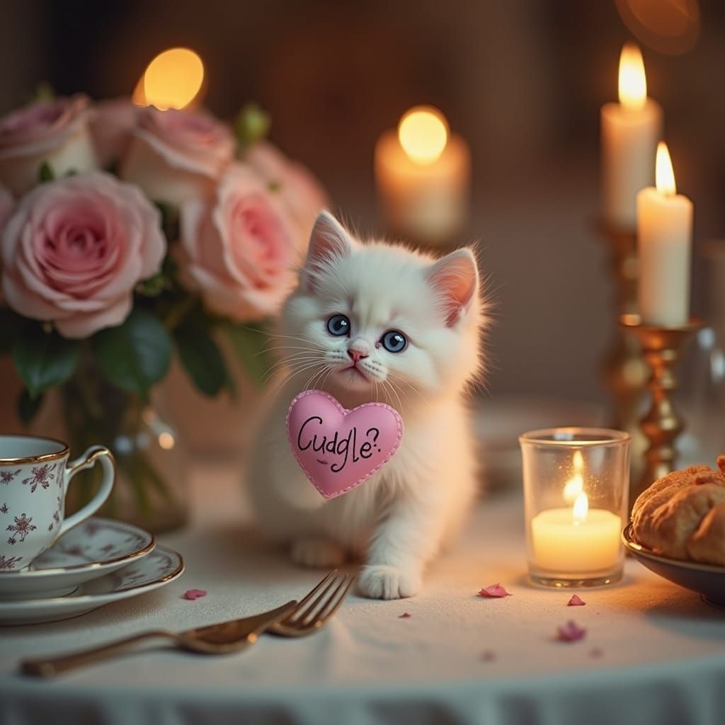 Romantic Dinner Scene with Adorable Kitten