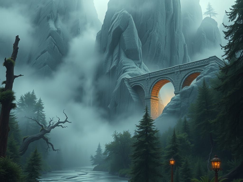 Mystical Bridge in Ancient, Foggy Forest Landscape