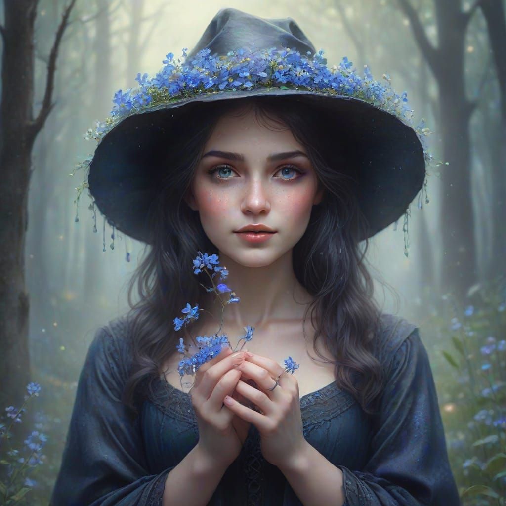 Enchanting Witch Holding Forget-Me-Nots in Watercolor Style