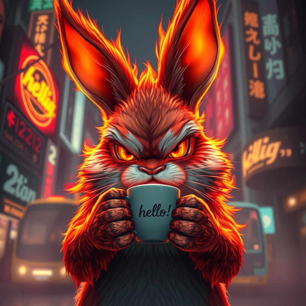 Anime Fire Rabbit with Coffee in Cyberpunk Cityscape