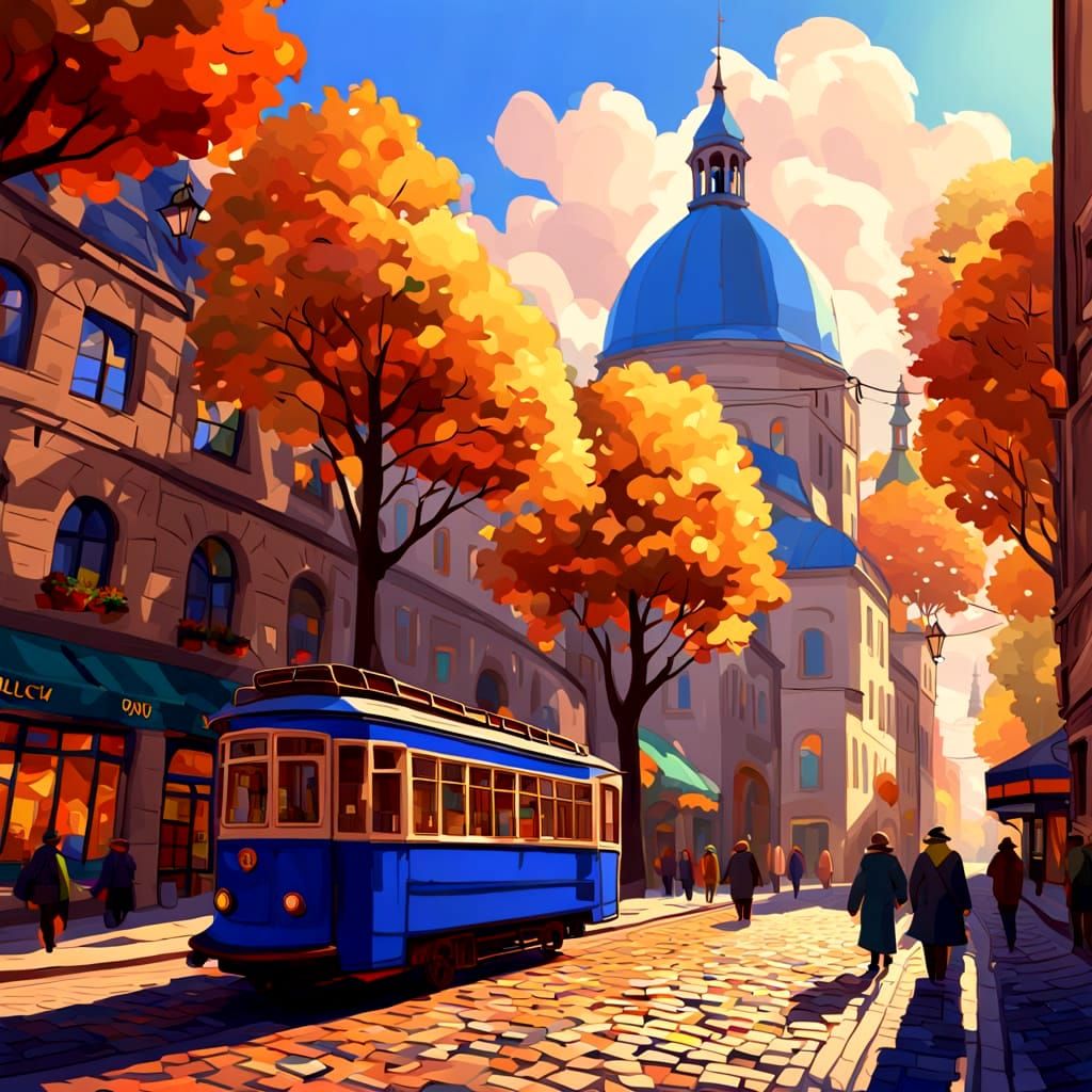 Fauvist City Street Scene in Angular Oil Painting