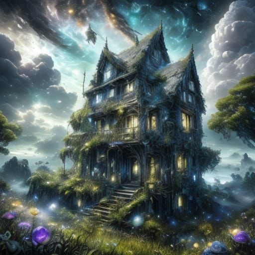 Moonlit Staircase to the Sky Over Ruined House Garden