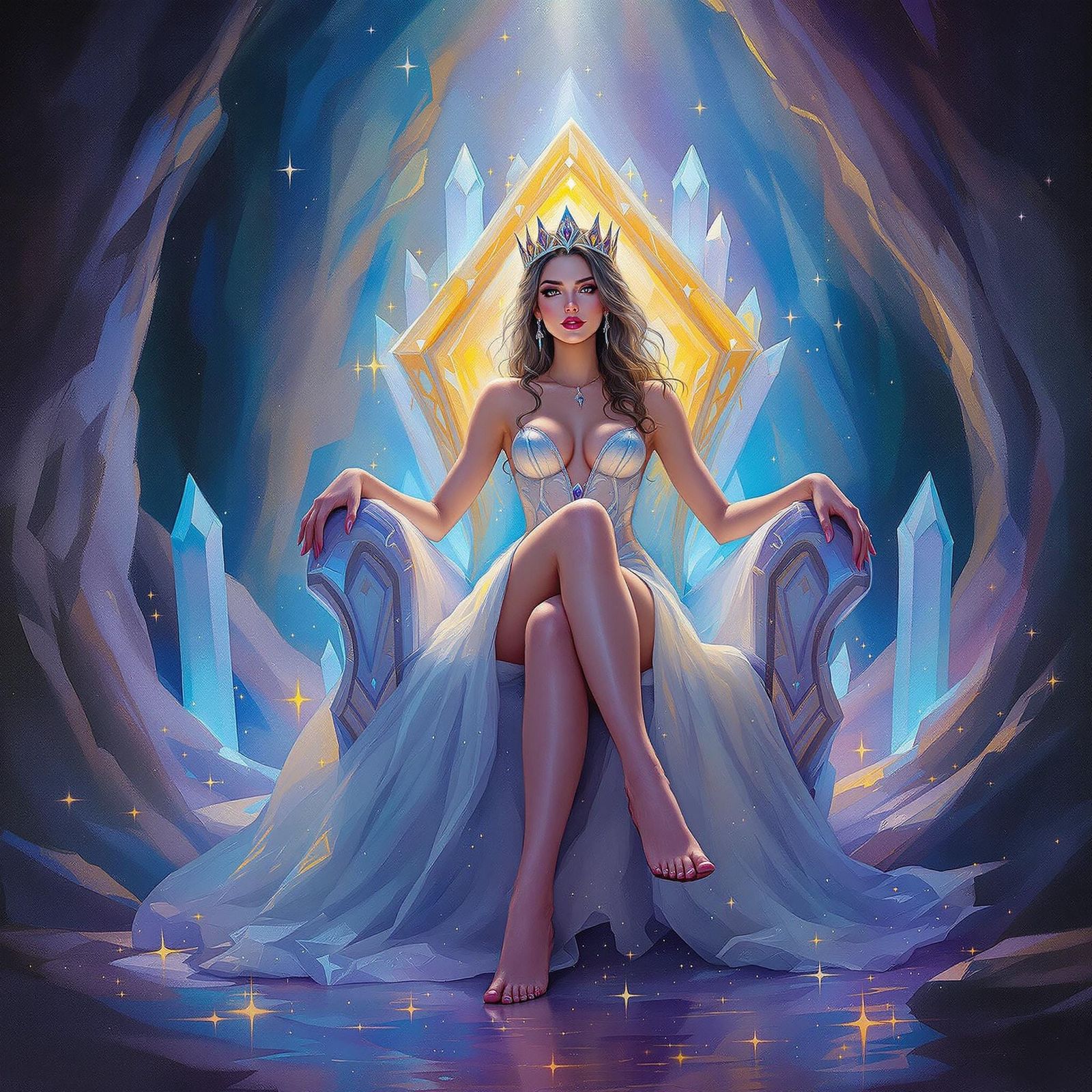 Impressionist Queen in Crystal Throne, Glowing Cave Scene
