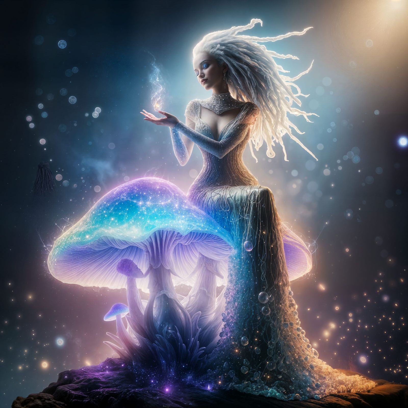 Mystical Sorceress on Luminous Mushroom in Space-Age Gown