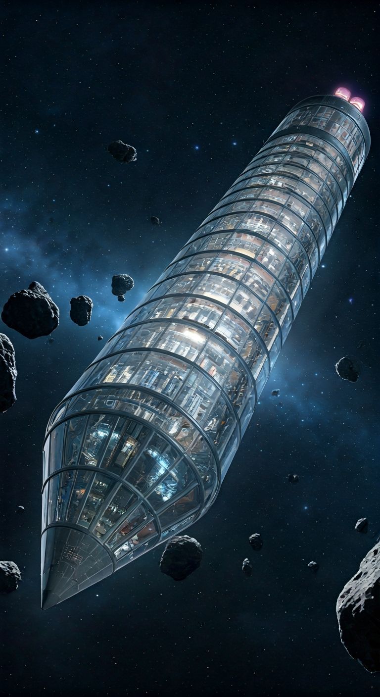 Giant Pencil Spaceship in Cosmic Void