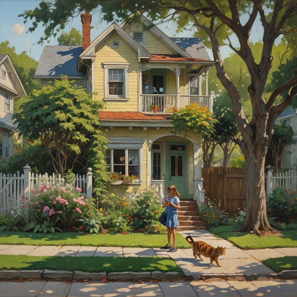 Girl and Cat Play in Yard: Oil Painting