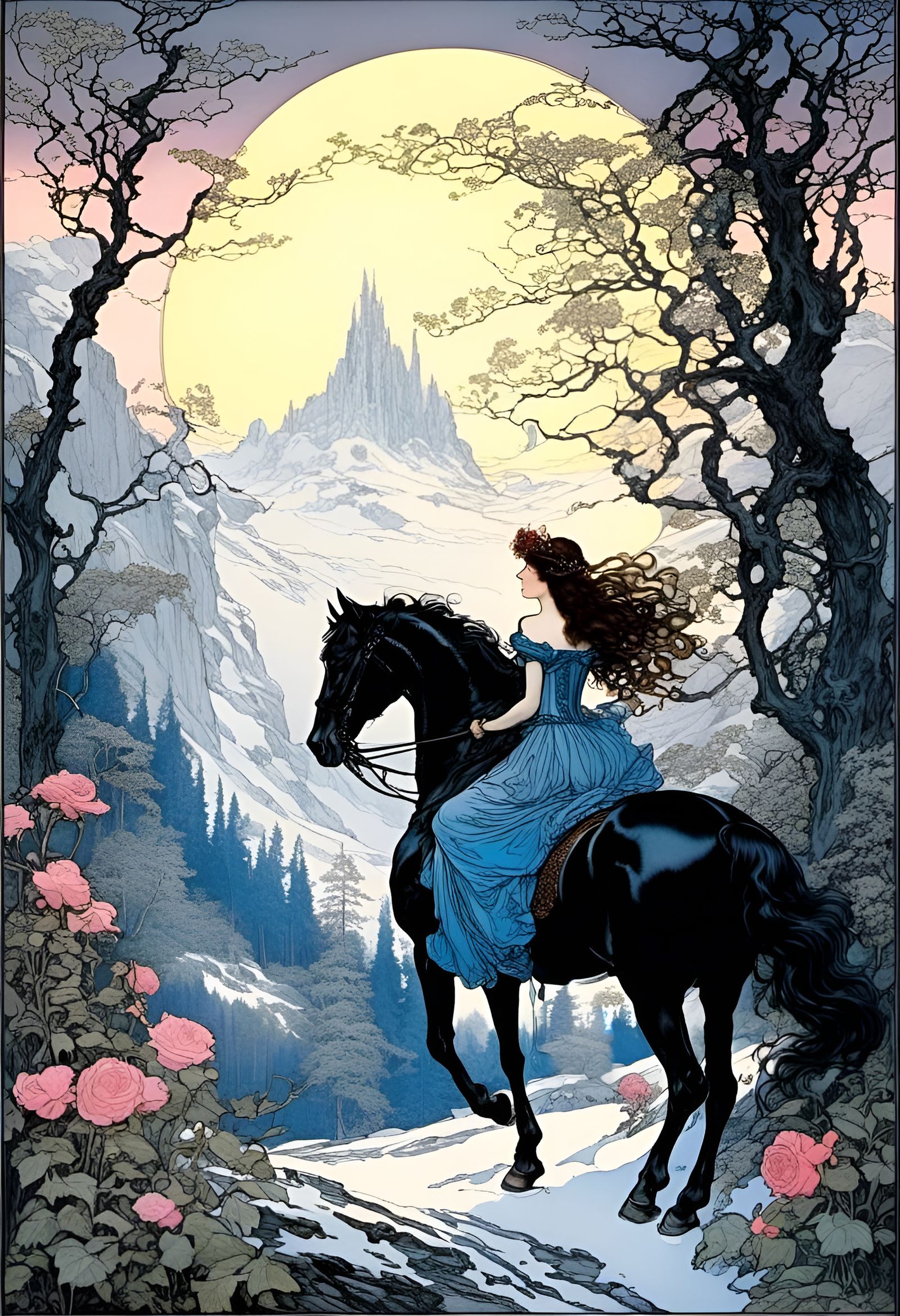 <lora:Victorian Fairies 1:1.0> victorian fairy riding a black horse, Background mountains, forest, Background fantasy mo...