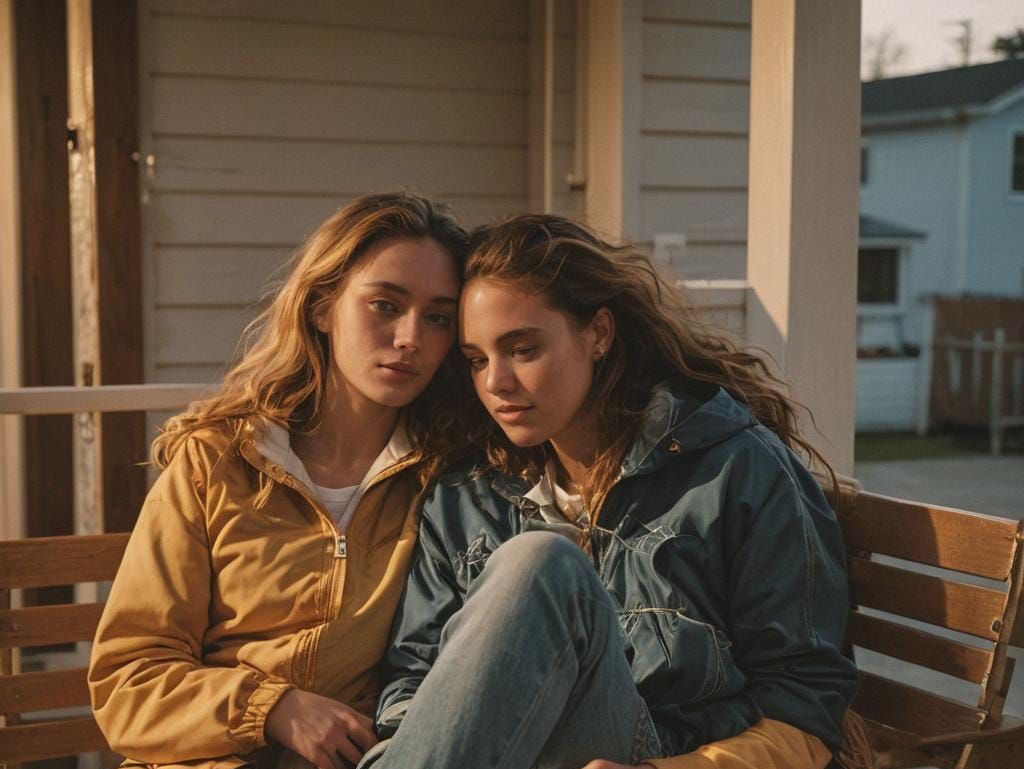Women Cuddling on Porch Swing at Sunset