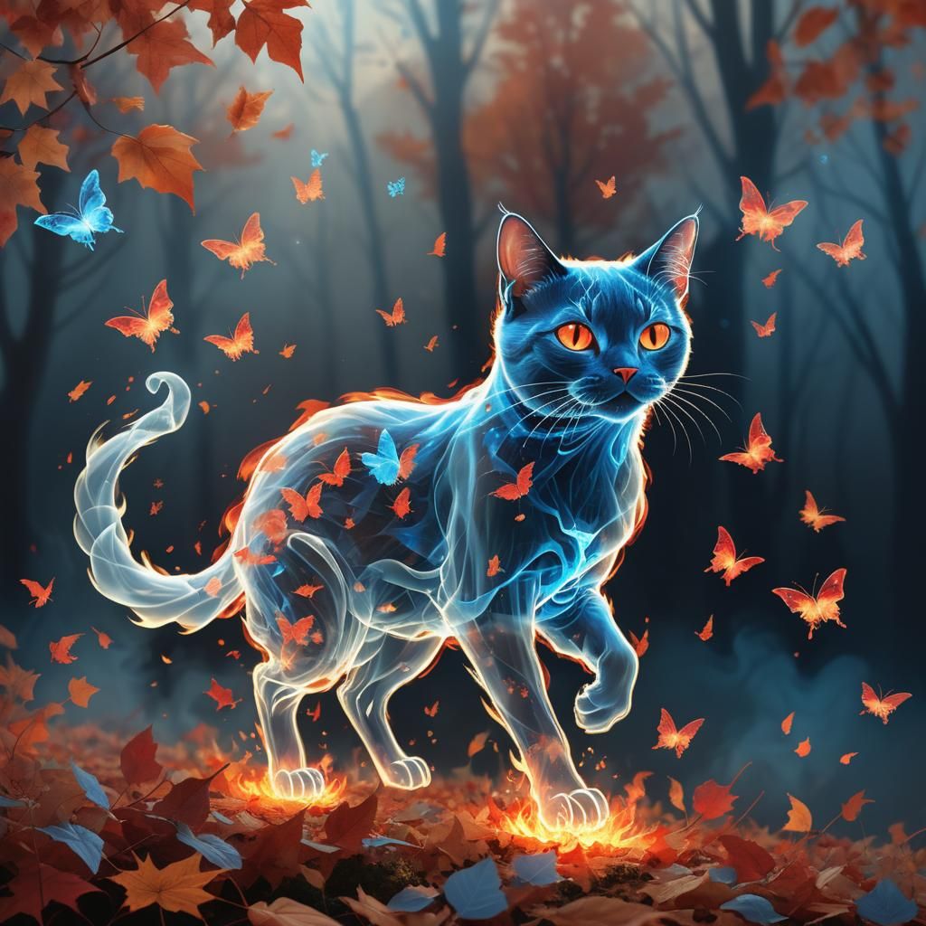 Ghost Cat Chasing Fire Butterflies: Vector Art