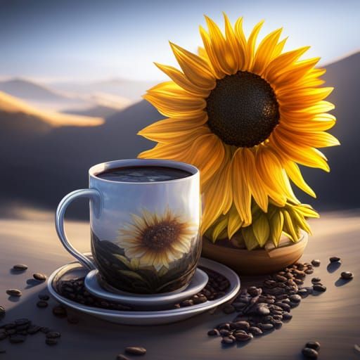 Sunflower on Coffee Mug: Detailed Matte Painting