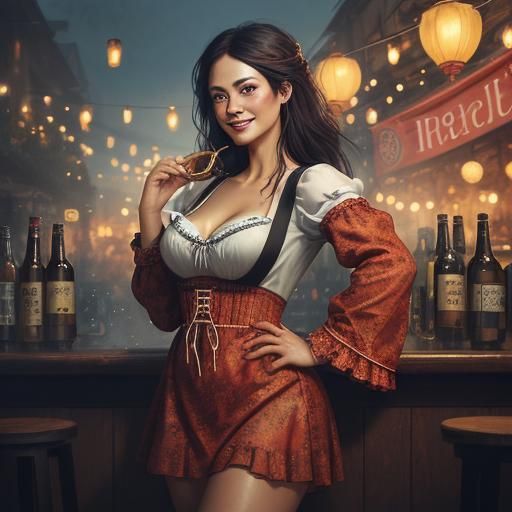 Oktoberfest Woman in Dirndl Dress, Hyperrealistic Style