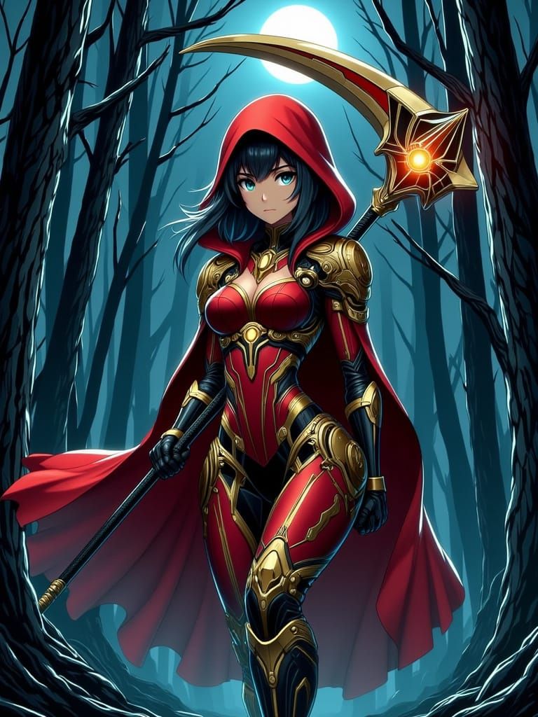 Anime Little Red Riding Hood Gothic Warrior princess. Hold a large segmented mechanical scythe. Red, gold with steel. In...