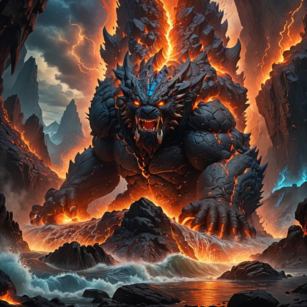 Colossal Stone Behemoth Emerges from Lava Lake