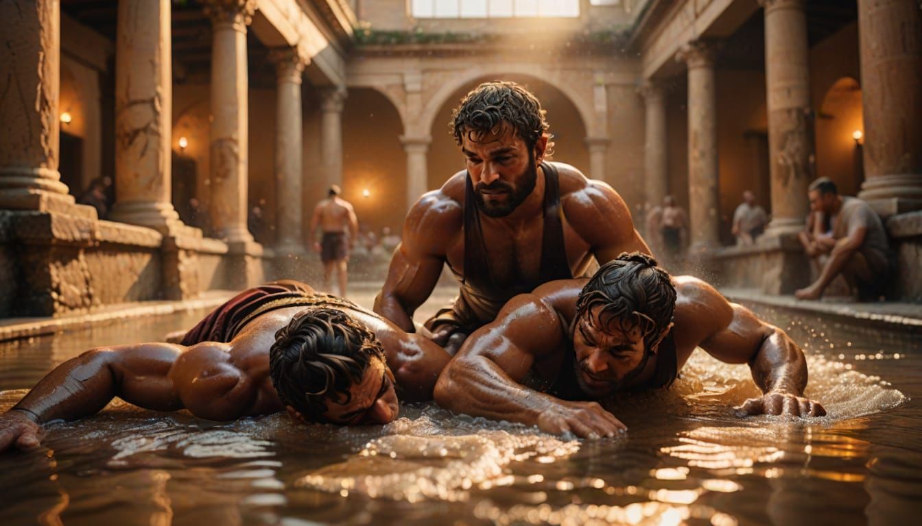 Wrestlers Relaxing with Massage in Roman Baths