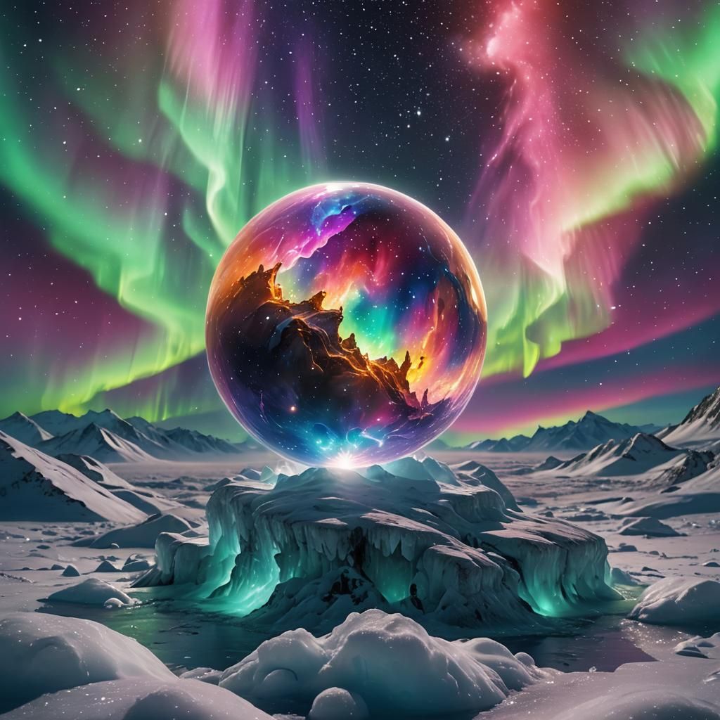 Magical Orb Floating in a Vibrant Galaxy with Aurora Lights