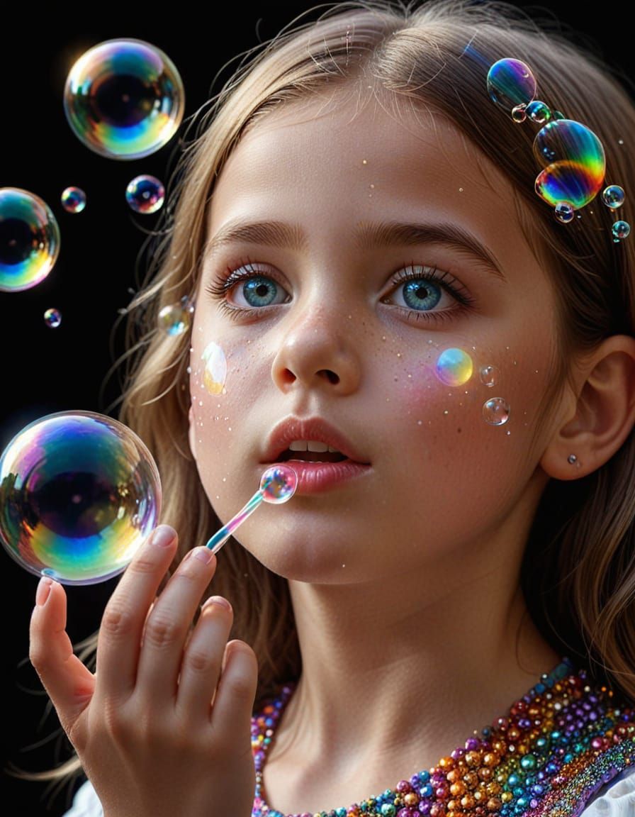 Little Girl Blowing Bubbles: Photorealistic Close-Up